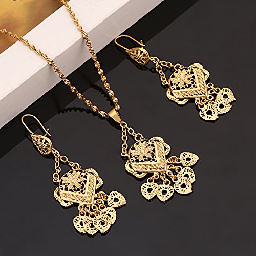 BR Gold Jewelry Juego de Joyería de Fiesta Africana para Novia árabe, Boda, Flor de Oro etíope y Corazón, para Mujeres