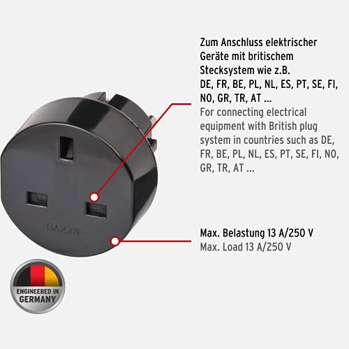 Brennenstuhl adaptador de enchufe de viaje para GB - enchufe britanico (adaptador para enchufar dispositivos inglés en en el sistema de conector de tierra) negro