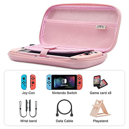 BRHE - Funda de viaje para Nintendo Switch Accesorios Hard Portable Protective Bundle Case Case Shock/Water Proof Shell con protector de pantalla de cristal y tapas de agarre para pulgar (rosa)