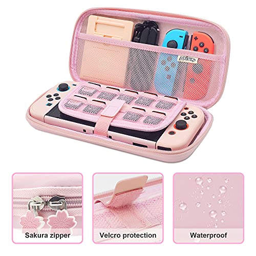BRHE - Funda de viaje para Nintendo Switch Accesorios Hard Portable Protective Bundle Case Case Shock/Water Proof Shell con protector de pantalla de cristal y tapas de agarre para pulgar (rosa)