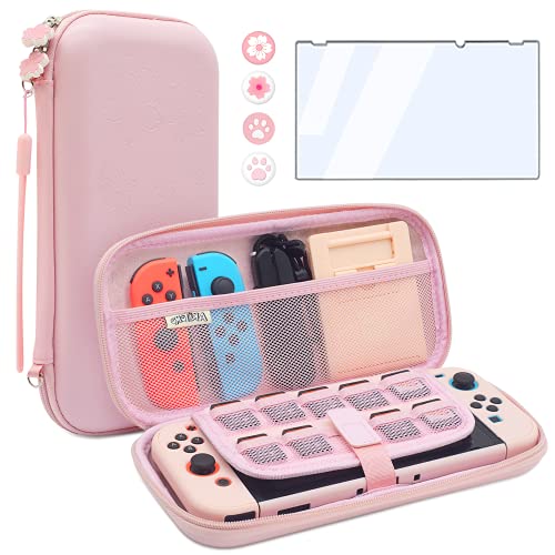 BRHE - Funda de viaje para Nintendo Switch Accesorios Hard Portable Protective Bundle Case Case Shock/Water Proof Shell con protector de pantalla de cristal y tapas de agarre para pulgar (rosa)