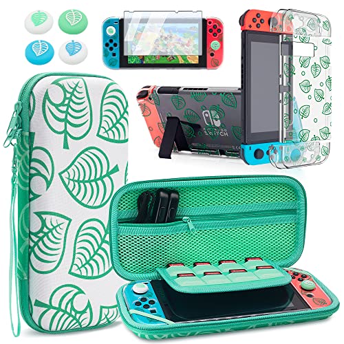 BRHE Funda para Nintendo Switch Paquete de Accesorios para Animal Crossing-Green Leaf Bolsa Protectora de Almacenamiento con Cubierta Transparente acoplable Concha de Cristal