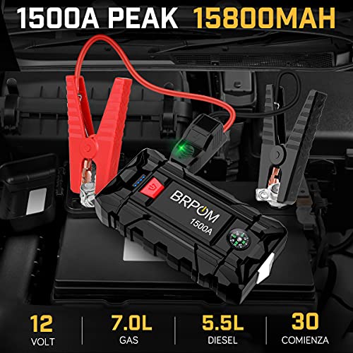 BRPOM Arrancador de Coches,1500A,15800mAh 12V Arrancador de baterias de Coche(para 7.0L de Gasolina o 5.5L de Diésel) Linterna LED de Emergencia,Espera Larga,Carga Rápida