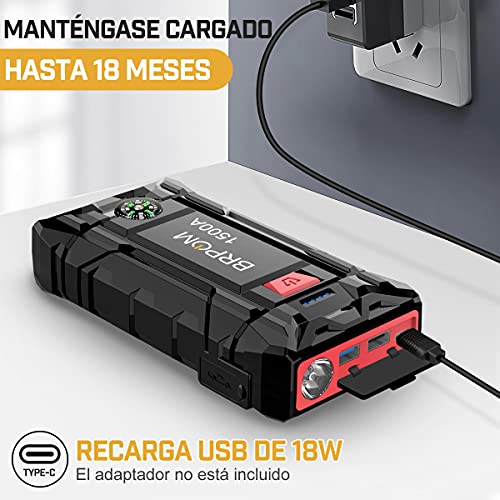 BRPOM Arrancador de Coches,1500A,15800mAh 12V Arrancador de baterias de Coche(para 7.0L de Gasolina o 5.5L de Diésel) Linterna LED de Emergencia,Espera Larga,Carga Rápida
