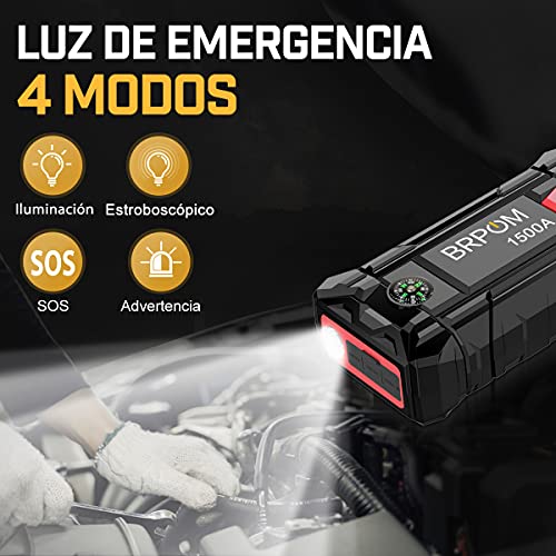 BRPOM Arrancador de Coches,1500A,15800mAh 12V Arrancador de baterias de Coche(para 7.0L de Gasolina o 5.5L de Diésel) Linterna LED de Emergencia,Espera Larga,Carga Rápida