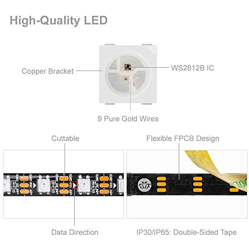 BTF-LIGHTING 3.2FT 1m WS2812b 60leds 60pixels Impermeable IP65 Negro PCB Flexible individualmente direccionable Tira Led Sueño en color DC5V