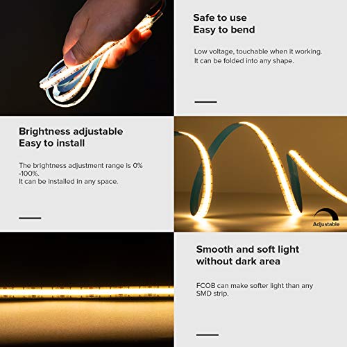 BTF-LIGHTING FCOB COB FOB Flexibler High Density CCT-LED-Streifen 3.2FT/1M 640LEDs Abstimmbar 3000K-6000K CRI＞90 Dimmbares verformbares LED-Lichtband für Schlafzimmerküche Innendekoration DC24V 14W