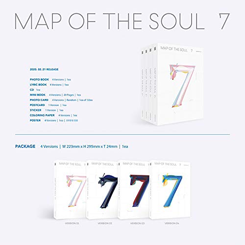 BTS Album - MAP OF SOUL : 7 [ 3 ver. ] Package + Photo Book + Lyric Book + CD + Mini Book + Photo Card + PostCard + Sticker + Coloring Paper
