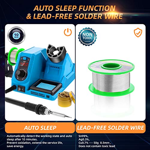 BURNNOVE Estaciones de Soldadura 60W Juego de Soldador Pantalla LCD 90-480℃ Bloqueo Temperatura con 5 Punta y Soldador Hilo de Estaño para la escuela, trabajo de laboratorio, soldadura por afición