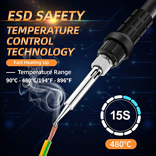 BURNNOVE Estaciones de Soldadura 60W Juego de Soldador Pantalla LCD 90-480℃ Bloqueo Temperatura con 5 Punta y Soldador Hilo de Estaño para la escuela, trabajo de laboratorio, soldadura por afición