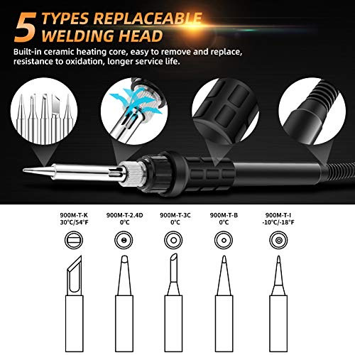 BURNNOVE Estaciones de Soldadura 60W Juego de Soldador Pantalla LCD 90-480℃ Bloqueo Temperatura con 5 Punta y Soldador Hilo de Estaño para la escuela, trabajo de laboratorio, soldadura por afición