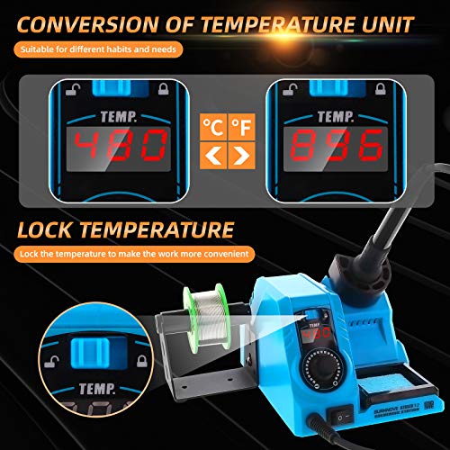 BURNNOVE Estaciones de Soldadura 60W Juego de Soldador Pantalla LCD 90-480℃ Bloqueo Temperatura con 5 Punta y Soldador Hilo de Estaño para la escuela, trabajo de laboratorio, soldadura por afición