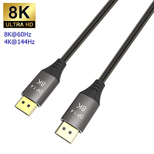 Cable de Cobre YIWENTEC 2M 6.6FT Ultra HD DisplayPort Cable DP 1.4 8K@60Hz 4K@144Hz de Alta Velocidad 32.4Gbps HDCP 3D Delgado y Flexible DP a DP Cable 2 m 8K
