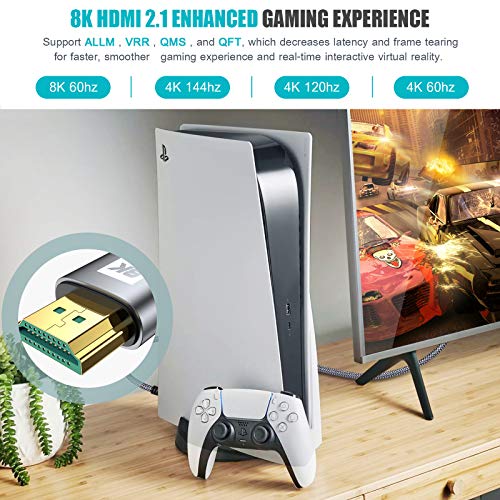 Cable HDMI 2.1 8K, Cable HDMI 8K @ 60Hz Alta velocidad 48Gbps UHD 4K @ 120Hz 7680P Dolby Vision, DTS: X, HDCP 2.2/2.3, HDR 10, eARC, Dynamic HDR, Compatible PS5 / 4 Proyector PC Monitor NETFLIX