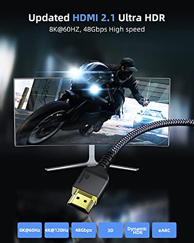 Cable HDMI 2.1 8K de 3m, Maxonar (certificado) Ultra HD 48Gbit / s de alta velocidad 8K60 4K120 eARC HDR10 4: 4: 4 HDCP 2.2 y 2.3 Dolby Compatible con / PS5, Xbox Series X/Roku/Fire/Sony/LG TV