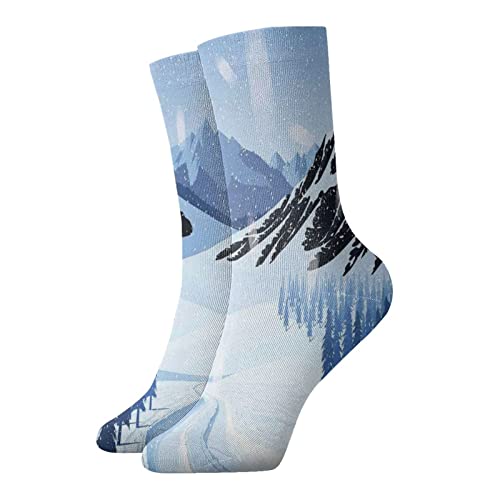 Calcetines de compresión para correr para hombres y mujeres, paisajes de tierras altas con montañas y bosque en una Blizzard Icy Roads, calcetines deportivos para correr, ciclismo, golf, trabajo