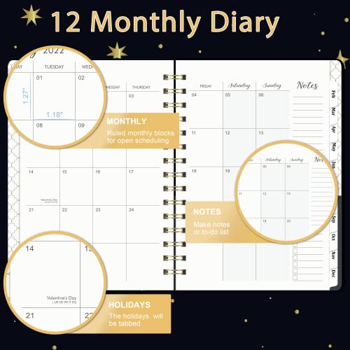 Calendario Black MoonAgenda 2022 - Agenda 2022 Semana para ver de enero a diciembre de 2022, con 12 pestañas mensuales, tapa dura, bolsillo interior, encuadernación de doble alambre, 21,5 x 15,5 cm