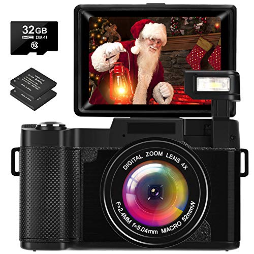 Camara Fotos Full HD 2.7K 30 MP Camara de Fotos con Pantalla Abatible Camara Fotos Compacta Recargable con Tarjeta SD y 2 Baterías