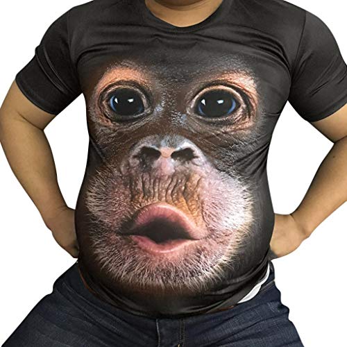 Camisetas Hombre Originales 3D SHOBDW 2019 Cuello Redondo Tallas Grandes Verano Camisetas Hombre Manga Corta Estampado de Orangután Blusa Tops S-3XL(Café,S)