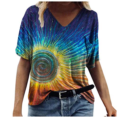 Camisetas Manga Corta Mujer Baratas Casual T-Shirt con Estampado Verano Originales Suelto Cuello Redondo Tallas Grandes Tops Deporte Blusa Camisa de Vestir tee Shirts Basicas (#36 Azul, L)