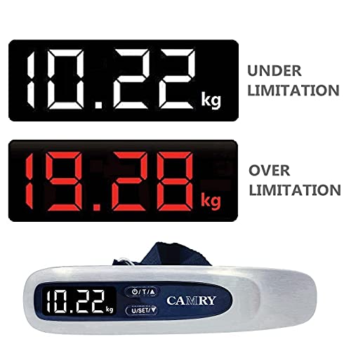 CAMRY Báscula de Equipaje Digital 50 kg 110 LB Báscula de Viaje portátil de Mano con Gancho, Ajuste de Objetivo y Alerta de sobrepeso