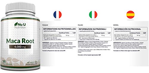 Cápsulas de Raíz de Maca de 4000 mg - 180 Cápsulas Vegetarianas y Veganas - Suministro Para 6 Meses - Raíz de Maca Peruana de Alta Potencia - Fabricada en el Reino Unido