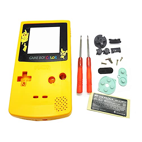 Carcasa Carcasa de repuesto Color amarillo, para consola For Nintendo Game Boy Color GBC, Portector de pantalla Pikachu, botones, tornillos, almohadilla goma, herramienta de reparación, pegatina