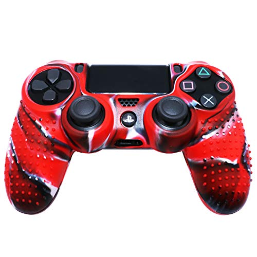 Carcasa de silicona para PS4 RALAN, PS4, controlador de piel de silicona para PS4 Pro Controller (agarre de pulgar Pro x 8, gato + funda de calavera agarre x 2) (rojo, blanco y negro)