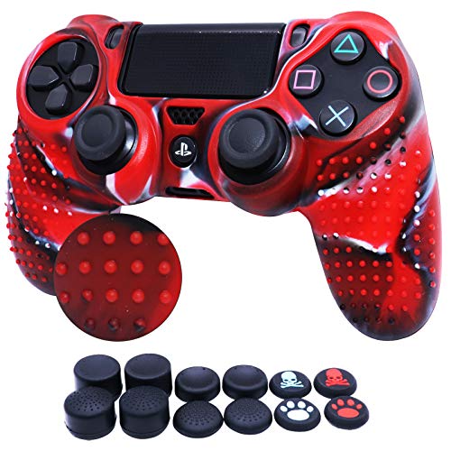 Carcasa de silicona para PS4 RALAN, PS4, controlador de piel de silicona para PS4 Pro Controller (agarre de pulgar Pro x 8, gato + funda de calavera agarre x 2) (rojo, blanco y negro)