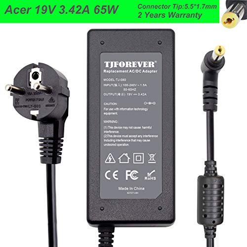 Cargador Portatil Acer 19V 3.42A 65W para Acer Aspire E15 E5 E1 V5 F5 F15 ES1 Travelmate Extensa Notebook Ordenador portátil Fuente de Alimentación Adaptador Conector: 5.5 * 1.7mm