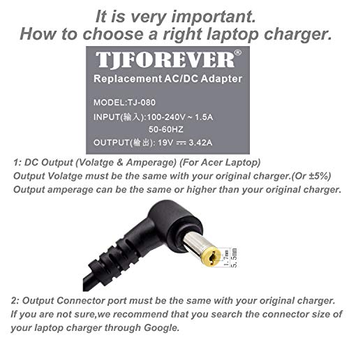 Cargador Portatil Acer 19V 3.42A 65W para Acer Aspire E15 E5 E1 V5 F5 F15 ES1 Travelmate Extensa Notebook Ordenador portátil Fuente de Alimentación Adaptador Conector: 5.5 * 1.7mm
