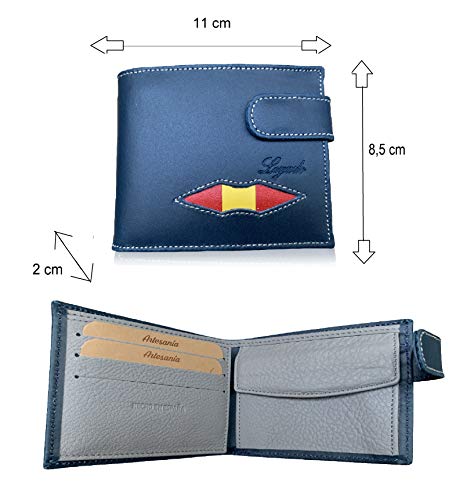 Cartera Hombre Piel LEGADO Cartera Hombre Piel Bandera España Cartera para Hombre España Bandera Cartera Piel Ubrique Regalo Pulsera Bandera de España (Azul con Broche)