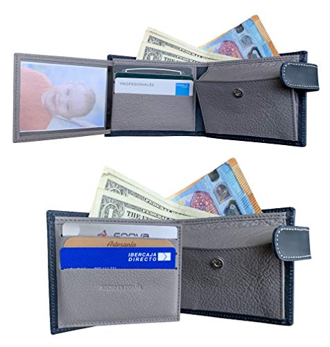 Cartera Hombre Piel LEGADO Cartera Hombre Piel Bandera España Cartera para Hombre España Bandera Cartera Piel Ubrique Regalo Pulsera Bandera de España (Azul con Broche)