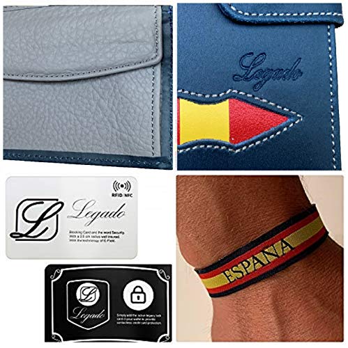 Cartera Hombre Piel LEGADO Cartera Hombre Piel Bandera España Cartera para Hombre España Bandera Cartera Piel Ubrique Regalo Pulsera Bandera de España (Azul con Broche)