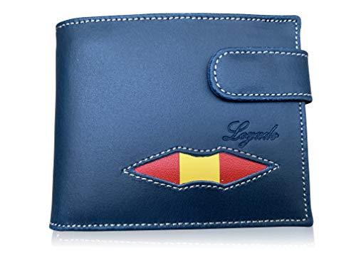 Cartera Hombre Piel LEGADO Cartera Hombre Piel Bandera España Cartera para Hombre España Bandera Cartera Piel Ubrique Regalo Pulsera Bandera de España (Azul con Broche)
