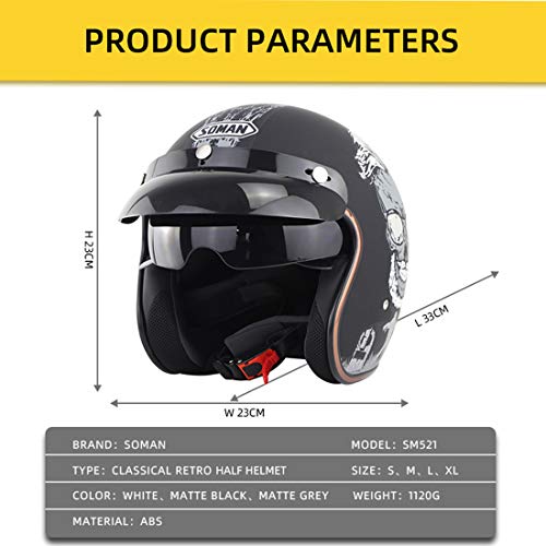 Cascos de moto Retro para adultos Harley 3/4 casco de motocicleta de cara abierta con Visor reflectante DOT certificado casco de choque para ciclomotor crucero Vespa (M(55-56cm))