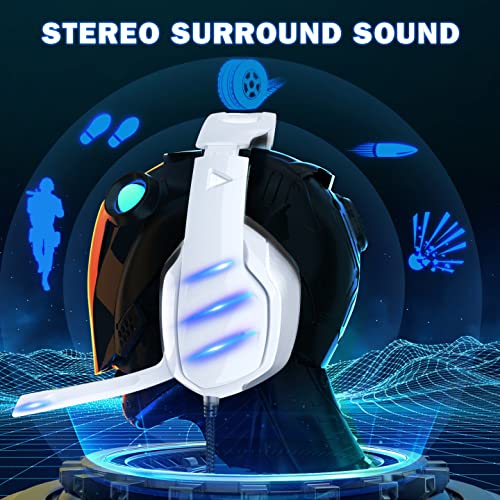 Cascos Gaming con Orejeras Grandes, Efectos de Sonido 3D, Micrófono de Educción Ruido LED, Auricular Gaming Compatible con PS4, PS5, Xbox, PC, Switch