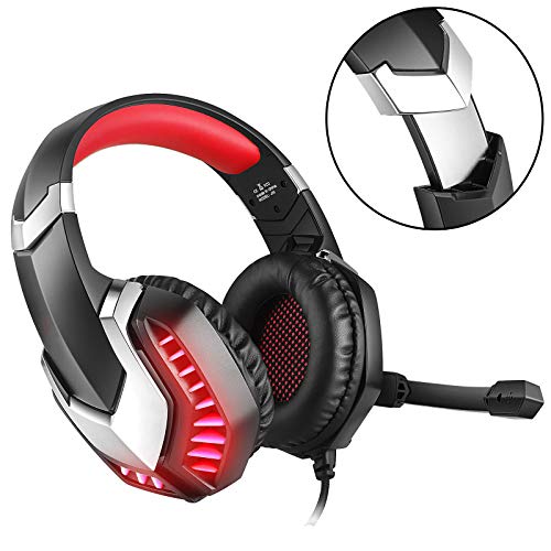 Cascos Gaming PS5 con Micrófono Flexible para Xbox Series X PC Switch PS4 PC Gaming, Auriculares con Sonido 360 Stereo, Orejeras Acolchadas Ligero Cómodo, Diadema Ajustable, Iluminación LED