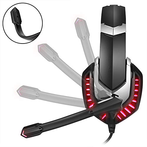 Cascos Gaming PS5 con Micrófono Flexible para Xbox Series X PC Switch PS4 PC Gaming, Auriculares con Sonido 360 Stereo, Orejeras Acolchadas Ligero Cómodo, Diadema Ajustable, Iluminación LED