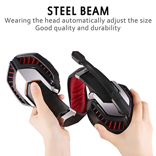 Cascos Gaming PS5 con Micrófono Flexible para Xbox Series X PC Switch PS4 PC Gaming, Auriculares con Sonido 360 Stereo, Orejeras Acolchadas Ligero Cómodo, Diadema Ajustable, Iluminación LED