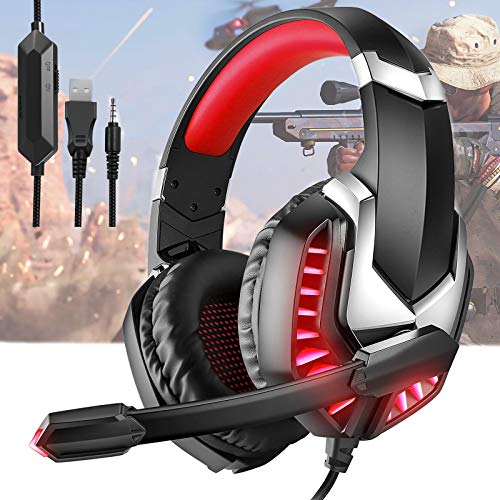 Cascos Gaming PS5 con Micrófono Flexible para Xbox Series X PC Switch PS4 PC Gaming, Auriculares con Sonido 360 Stereo, Orejeras Acolchadas Ligero Cómodo, Diadema Ajustable, Iluminación LED