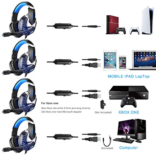 Cascos Gaming PS5 con Micrófono Flexible para Xbox Series X PC Switch PS4 PC Gaming, Auriculares con Sonido Envolvente Stereo, Orejeras Acolchadas Ligero Cómodo, Diadema Ajustable, Iluminación LED