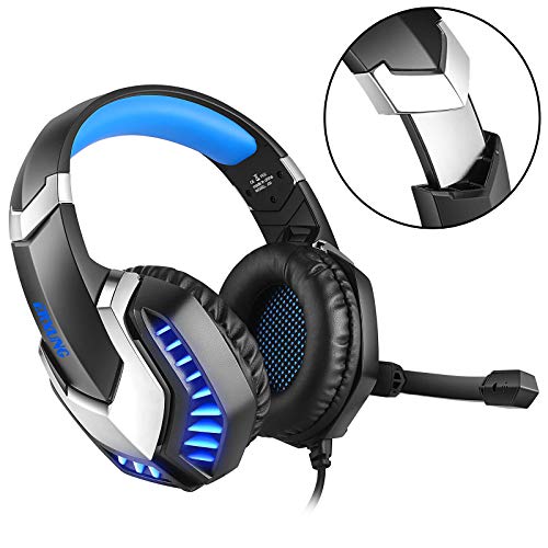 Cascos Gaming PS5 con Micrófono Flexible para Xbox Series X PC Switch PS4 PC Gaming, Auriculares con Sonido Envolvente Stereo, Orejeras Acolchadas Ligero Cómodo, Diadema Ajustable, Iluminación LED