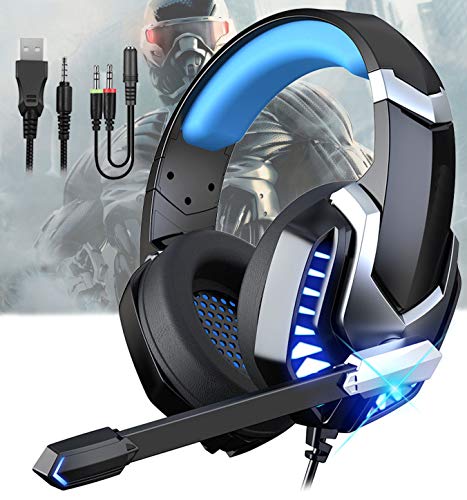 Cascos Gaming PS5 con Micrófono Flexible para Xbox Series X PC Switch PS4 PC Gaming, Auriculares con Sonido Envolvente Stereo, Orejeras Acolchadas Ligero Cómodo, Diadema Ajustable, Iluminación LED