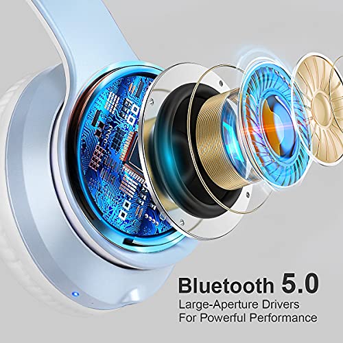 Cascos Inalambricos Bluetooth, Auriculares Diadema Estéreo Inalámbricos Plegables, Micrófono Incorporado, Cascos Bluetooth Inalámbrico y Audio Cable para PC/ MP3/Móviles/TV(Azul Liso)