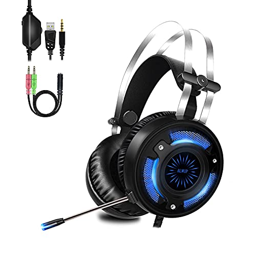 Cascos PS5 Gaming, Auriculares Gaming PS4 Xbox One con Micrófono,Auriculares PC Game Graves Profundos Sonido Estéreo Anti-Ruido y Luces LED USB para Playstation Switch Laptop Computer