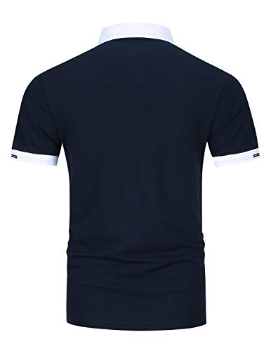Casual Polos Manga Corta para Hombre Costura en Contraste Escote Camiseta Camisas Verano Primavera Deporte Golf Tennis T-Shirt Oficina,Azul,L