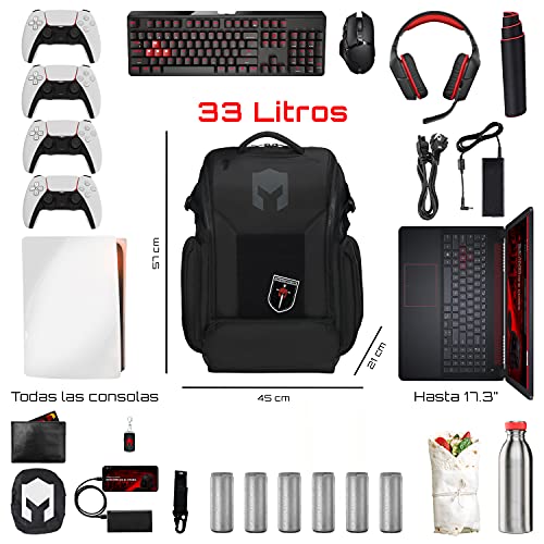 CATURIX ATTACHADER - Mochila de videojuegos para portátiles y consolas de hasta 17,3", mochila impermeable de 33 l de volumen, negro