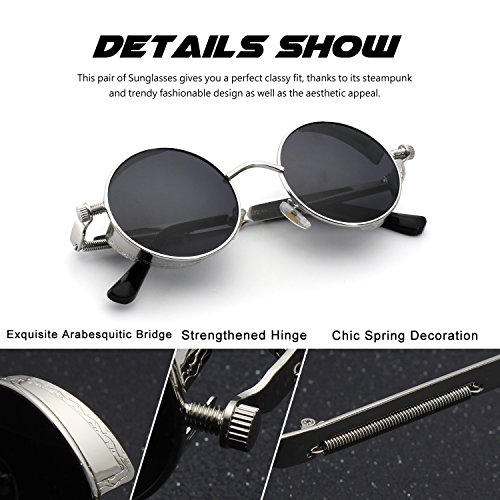 CGID E72 Steampunk estilo retro inspirado círculo metálico redondo gafas de sol polarizadas para hombres (Plateado Gris)