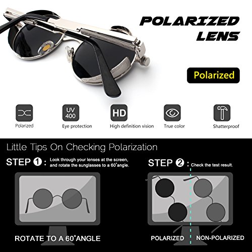 CGID E72 Steampunk estilo retro inspirado círculo metálico redondo gafas de sol polarizadas para hombres (Plateado Gris)